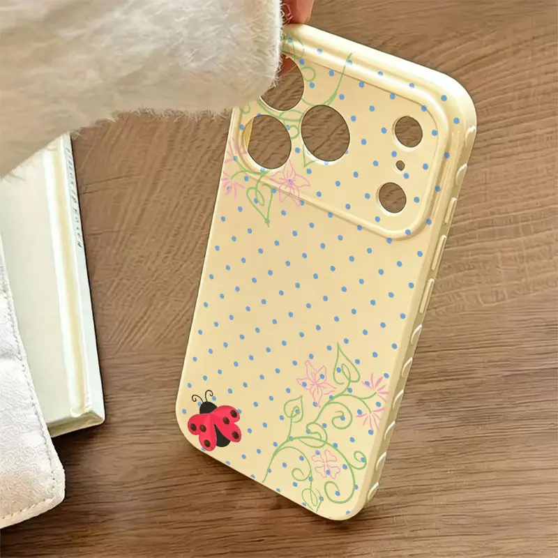 Polka Dot Vine Ladybug Phone Case Made Of Premium Glossy Soft Tpu‑Pc Composite Material.The Smooth Skin‑Friendly Surface Resists Fingerprints And Delivers A Silky Non‑Slip Grip. Exquisite Embossed Heart Patterns On Side Borders Add Sweet Detail