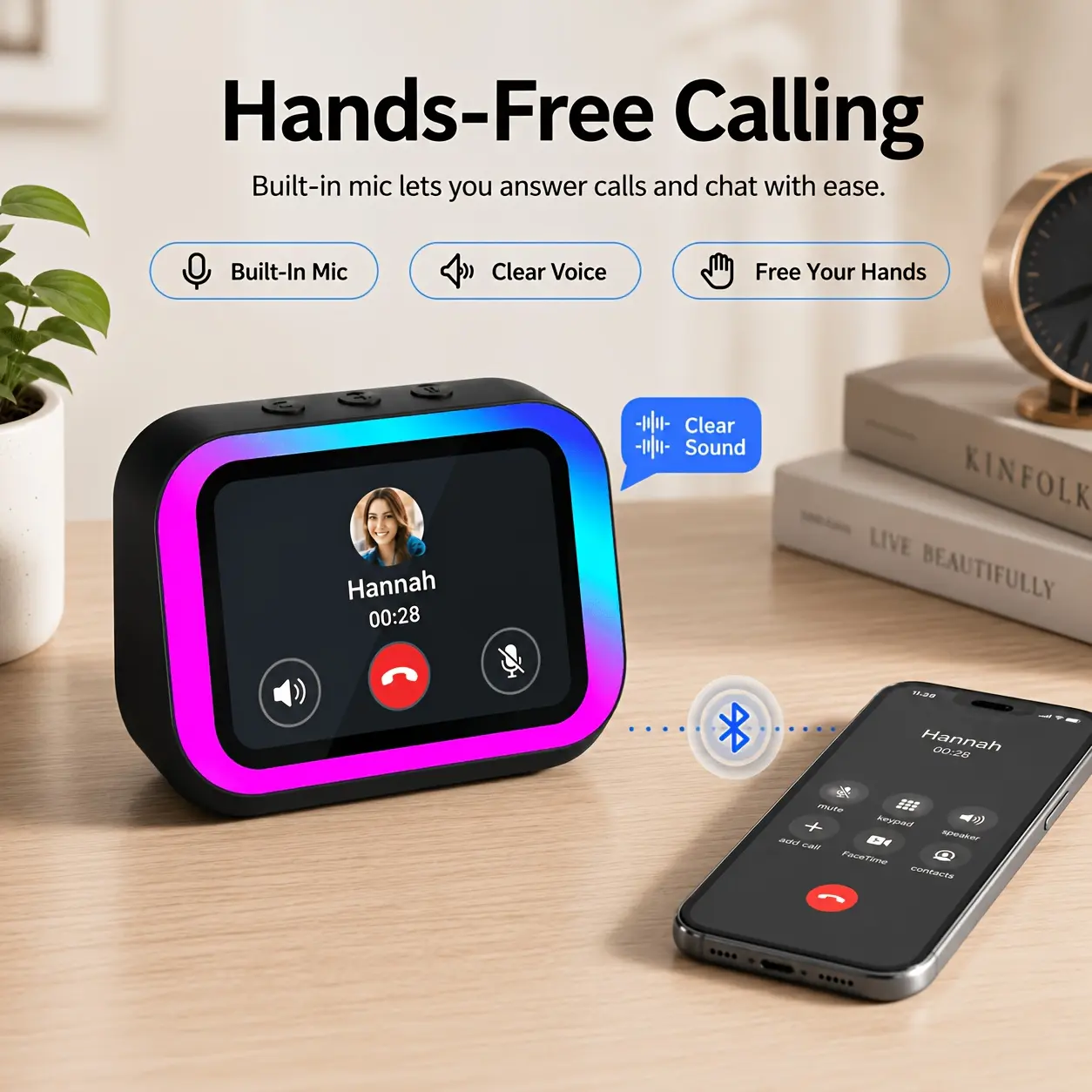 AI Smart Speaker, Smart Alarm Clock with Wireless Speaker and Dynamic RGB Lighting, Hi-Fi Stereo, HD Smart Display, Call Handling, Voice Assistant, Menstrual Cycle Tracking, 2500mAh Battery, Portable Speaker – Rechargeable Bedside Digital Clock