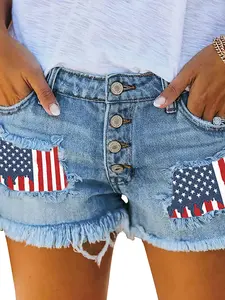 Women's Summer Washed Ripped Denim Shorts, Frayed Hem Sequins Ripped Jeans Hot Pants, Independence Day Flag Patch Print Button Fly Design