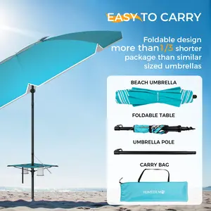 HOMEDMO 7FT Portable Foldable Beach Umbrella with Foldable Table, UPF50+ UV Protection, Lightweight Travel Sun Shade for Beach Camping Patio