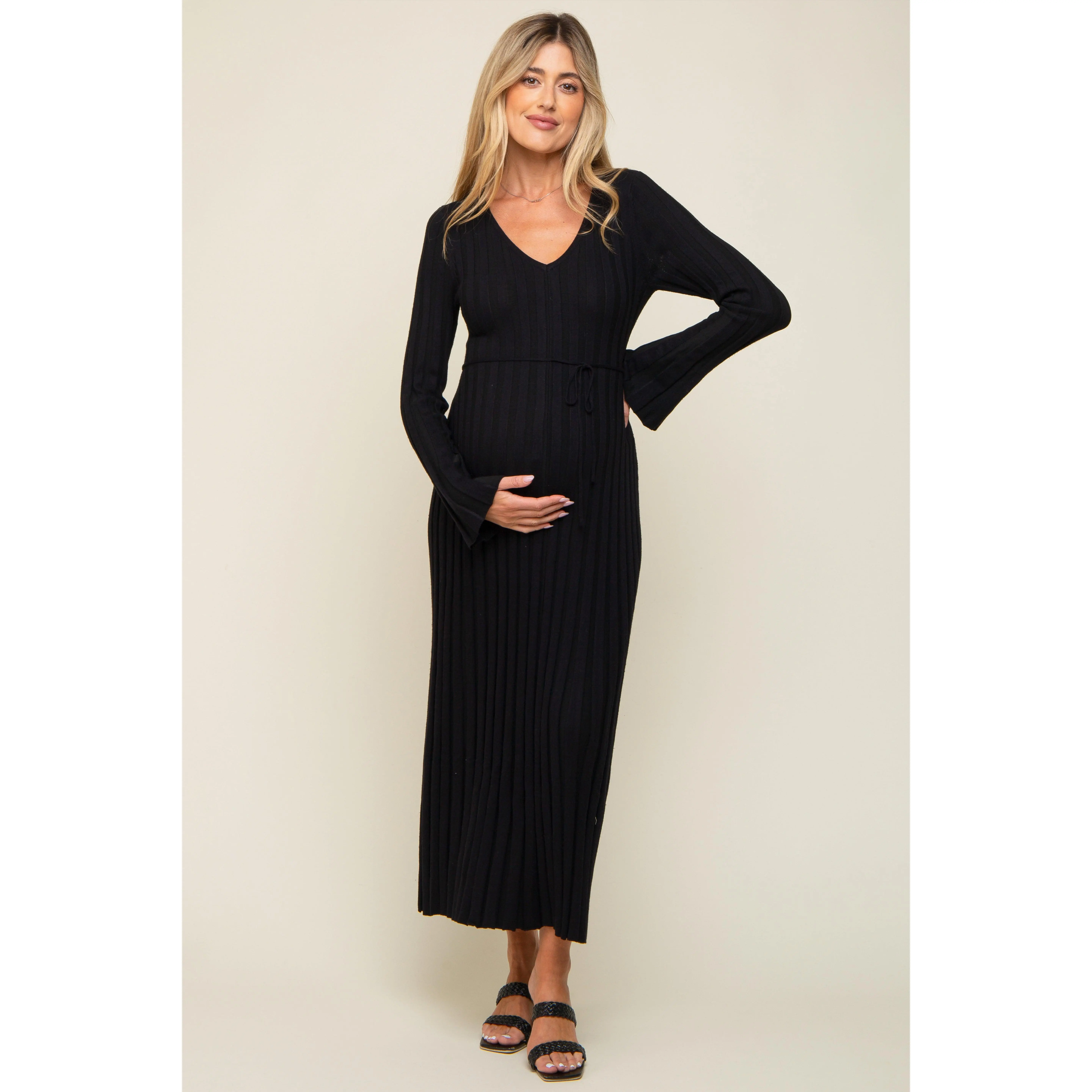 Black Ribbed Maternity Knit Maxi Dress