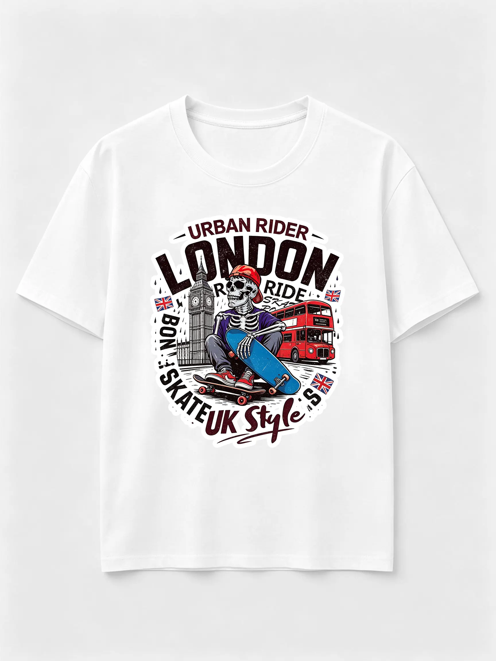 London Urban Skate Skeleton Graphic T Shirt, UK Street Skateboard Punk Tee, Short Sleeve Cotton Shirt For Men Women