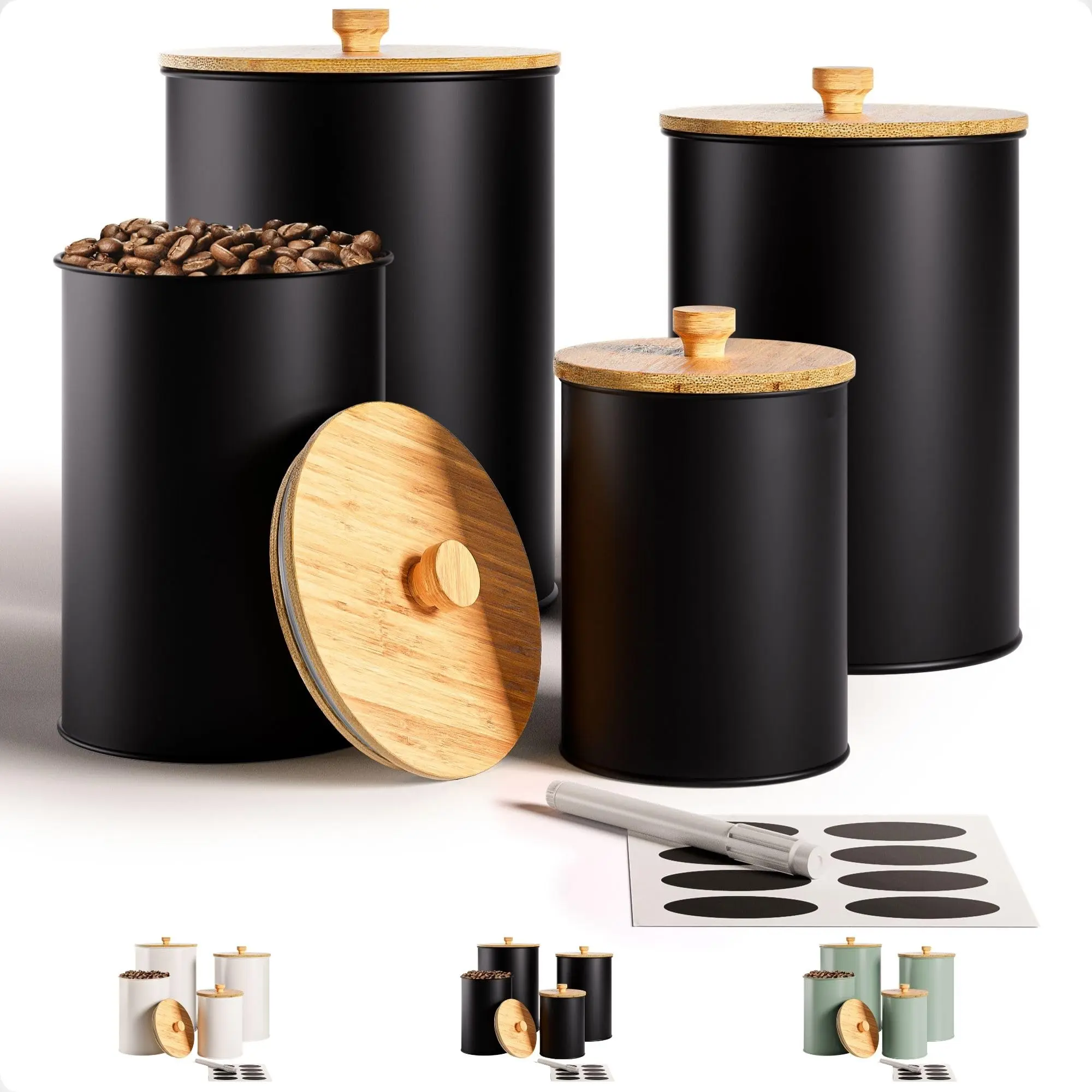 Kitchen Canisters For Countertop Set Of 4 With Customizable Chalkboard Labels & Marker Pen - Big Iron Airtight Lids Black Canister Flour And Sugar Containers Farmhouse