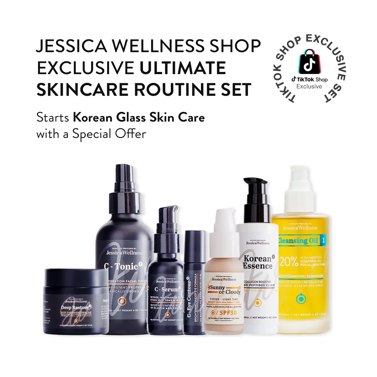 Korean Glass Skin Set - 7 Step Skincare Regimen for Skin Repair and Glow (Cleansing Oil + Toner + Essence + Serum + Eye Roll + Moisturizer + Sunscreen)