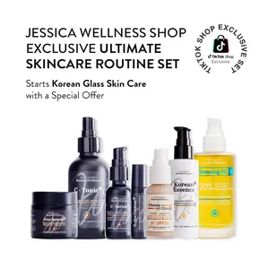 Korean Glass Skin Set - 7 Step Skincare Regimen for Skin Repair and Glow (Cleansing Oil + Toner + Essence + Serum + Eye Roll + Moisturizer + Sunscreen)