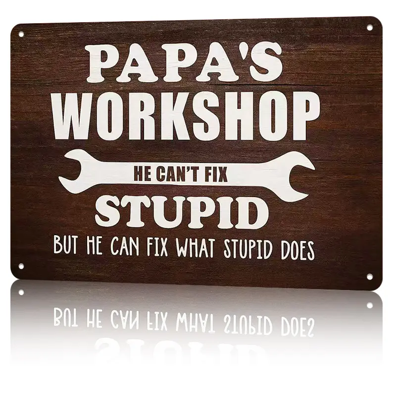 Funny Papa's Workshop Aluminium Wood Accent Sign, 8x12 in Retro Wrench-Themed Wall Decor, Rust-Resistant Durable Ready-to-Hang Home Plaque for Men's Garage, Gift for Boyfriend Vintage Metal Wall Art