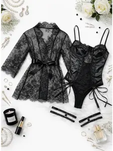 《Fling Night》 Lace&Leather Lingerie Set with Sheer Capelet and Garter Belt for Night Outfits Black Floral Design,Lingerie Set Valentine
