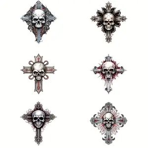 6-Piece Skeleton Cross-Themed Iron-On Transfer Sticker Designs Decals Heat Press Vinyl Transfers Patches for DIY Apparel, T-Shirts, Denim Jackets