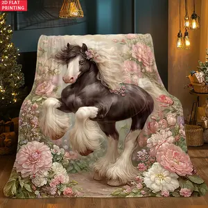 1pc Horse Amidst Pink Blossoms HD 2D Flat Printed Blanket. Soft and Warm Flannel Blankets for Travel, Camping, Sofa, Livingroom, Couch, Chair, Bed. Gift for Family or Friends 280GSM