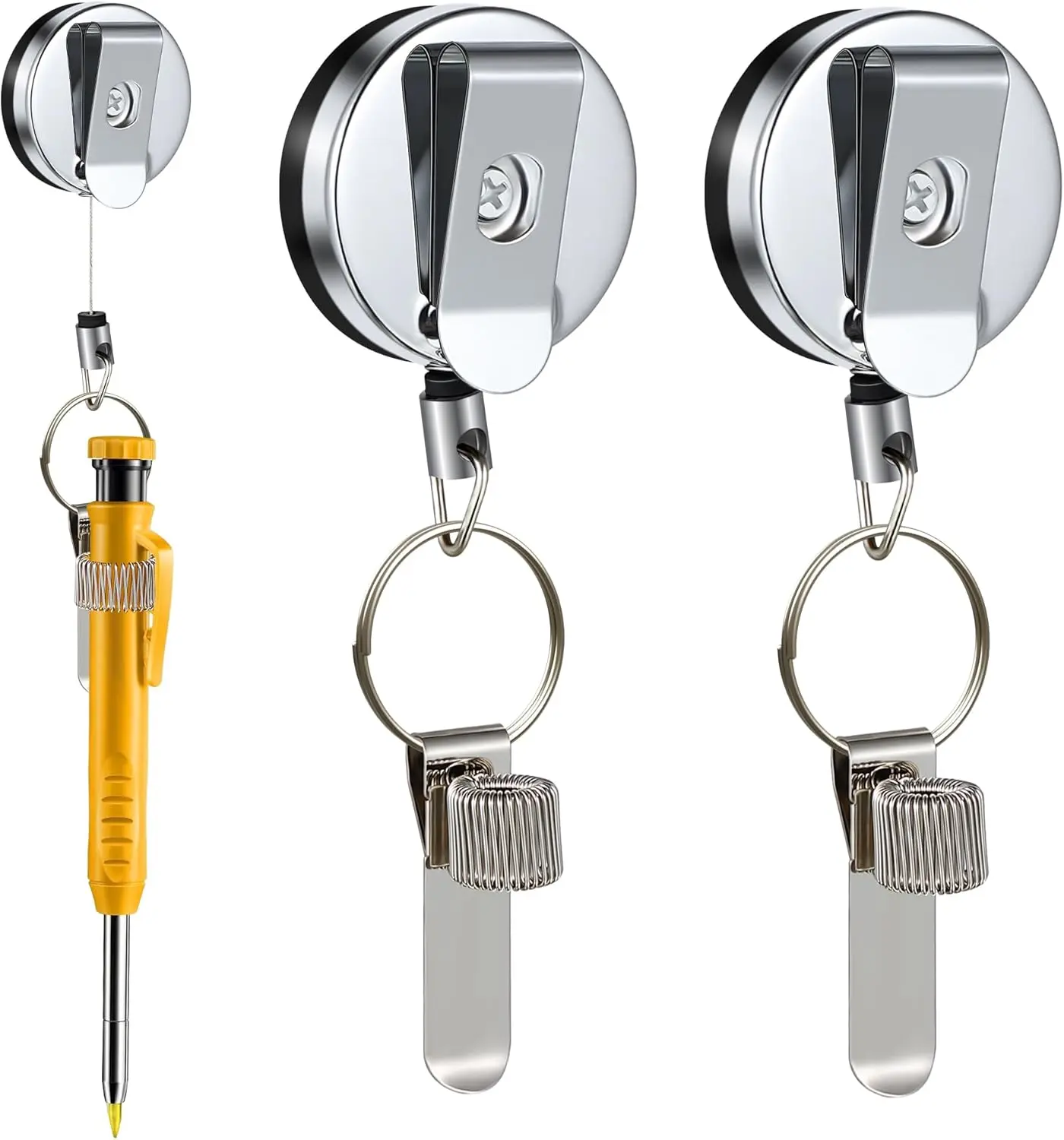 Stainless Steel Heavy-Duty Retractable Pen Pencil Holder 2-Pack - 27.5in Pen Leash, Belt Clip, Key Ring - Office Desk Organizer Accessory, Work Accessories for Carpenters, Office Accessories