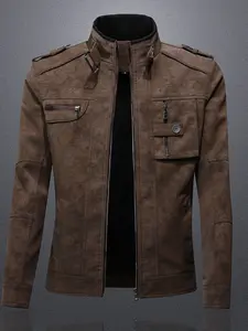 Men's PU Leather Jacket, Faux Leather Lapel Slim Fit Outdoor Windproof Coat, Stylish Casual Outerwear for Fall & Winter