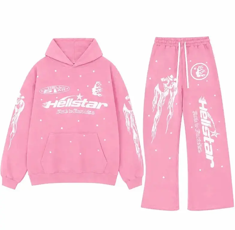 Hellstar Racer Tracksuit Vintage Pink Flame Graphic Hoodie Sweatpants Set Oversized Streetwear Jogger Set, Oversized Streetwear Outfit