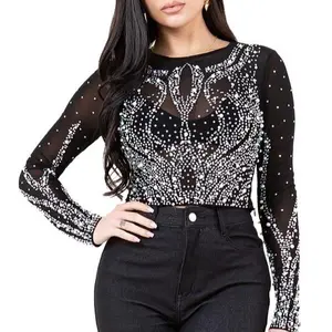 Lady's Statement Black Sequined Round Neck Long-Sleeve Cropped Blouse - Elegant Sparkling Embellished Women's Top