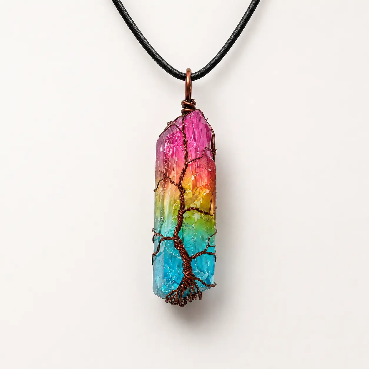 Tree of Life Crystal Point Pendant Necklace – Rainbow Stone Column Boho Jewelry Gift for Her