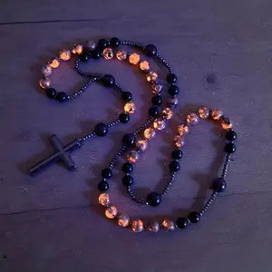 Natural Obsidian Yooperlite Rosary Necklace UV Reactive Protection Necklace Hematite Stone Cross Pendant Necklace Gift for her, gift for him,gift for Father's Day