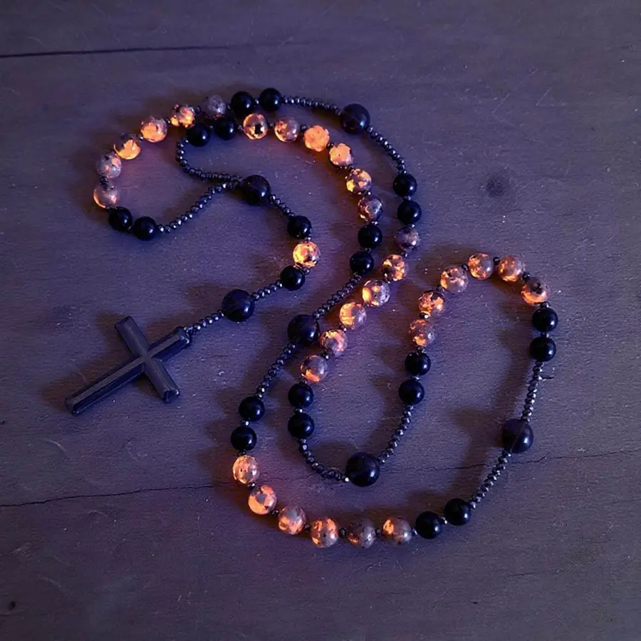 Natural Obsidian Yooperlite Rosary Necklace UV Reactive Protection Necklace Hematite Stone Cross Pendant Necklace Gift for her, gift for him,gift for Father's Day