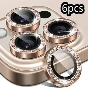 6pcs HD Tempered Glass Camera Lens Protectors for iPhone 16 15 14 13 12 11 plus pro max, Glitter Design with Crystals, Easy Installation & Strong Adhesion, Protective, Scratch-Resistant Protection, Phone Lens Protector, Accessories