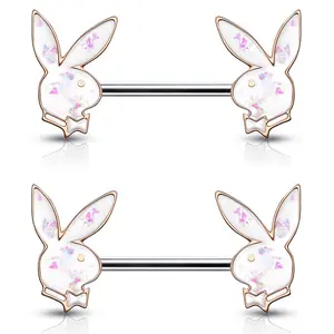 Synthetic Opal Glitter Playboy Bunny Nipple Barbells - Pair - 316L Stainless Steel
