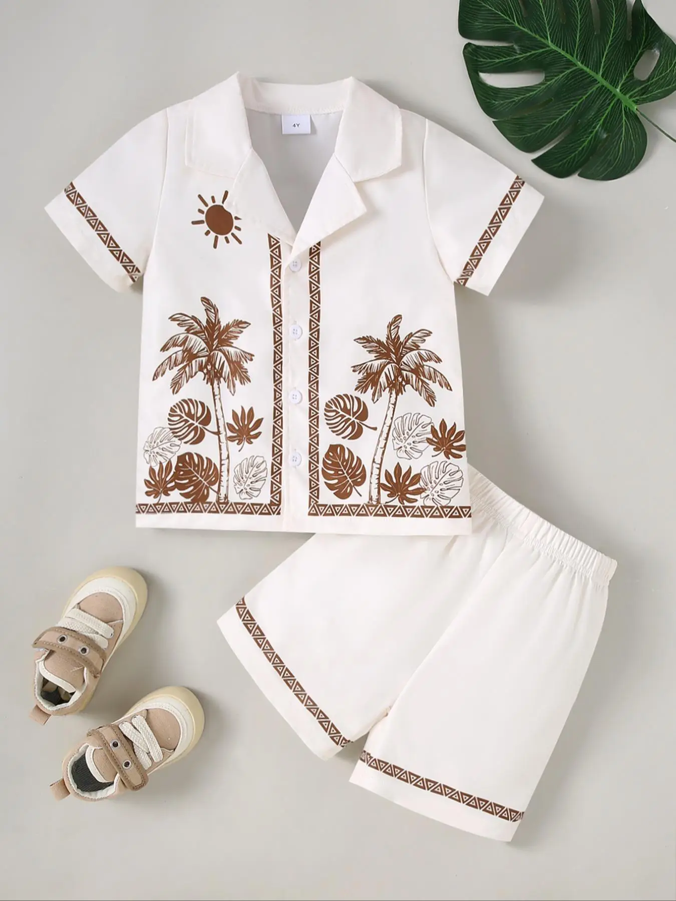 Two-Piece Set Boy's Plants Print Short Sleeve Top & Shorts, Casual Summer Clothes for Kids, Kids Clothing for Beach Vacation Holiday