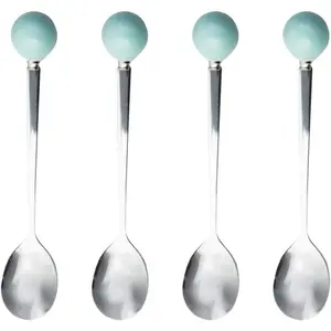 Stainless Steel Coffee Spoon,Teaspoon,Sugar Spoon,Korean Dessert Spoon with Ceramic Ball, Spoons 4 count 5.5 Inches Blue