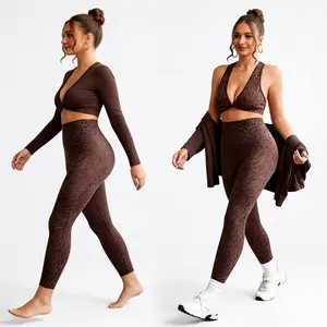 Women's 3 Piece Leopard Print Yoga Set - High Waist Leggings, Halter Sports Bra, Long Sleeve Cardigan for Workout & Casual