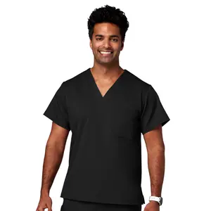 Meta Scrubs Men's V-Neck Top - Plain Summer Menswear with Two-Layer Chest Pocket & Slide Slits for Comfort and Style - Clothes