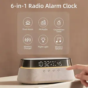 6-In-1 Digital Alarm Clock - RGB Room Decor Mode, FM Radio for Bedside/Dresser, 15W Fast Wireless Charging, Wireless Speaker, Dual Alarms for Deep Sleepers, 12/24-Hour Format, USB Charger, Countdown Timer, Digital Clock