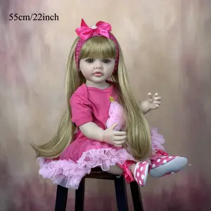 22inch 55cm Full Vinyl Body Reborn Baby Doll Long Hair Princess Girl Bath Toy Dress Up and Bedtime for Kids and Girls Lovely Birthday Gift