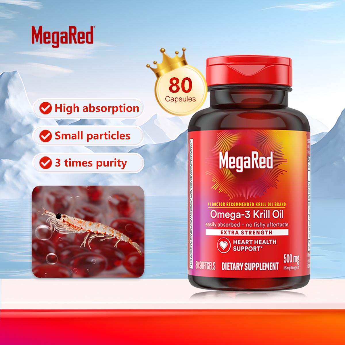 MegaRed Health Pure Antarctic Krill Oil Phospholipid Omega-3 High Purity Non-Fish Oil Softgels, 500mg Each，80 Count/40 C