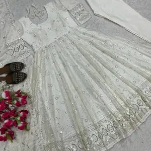 White Anarkali Gown Set Pants Wedding Party Wear Indian Suit Diwali Karvachauth Celebrations with Gold Embroidery
