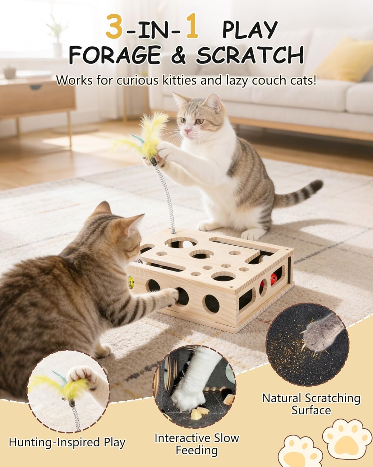 Cat Toys for Indoor Cats - Interactive Box Puzzle Toy Nail File Scratcher Hunting Play Toy with 3 Jingle Balls & 1 Feather Wand, Wooden Puzzle Treat Toy Box Energize Cat Instincts for Bored Cats Cat Toys for Indoor Cats - Interactive Box Puzzle Toy Nail File Scratcher Hunting Play Toy with 3 Jingle Balls & 1 Feather Wand, Wooden Puzzle Treat Toy Box Energize Cat Instincts for Bored Cats