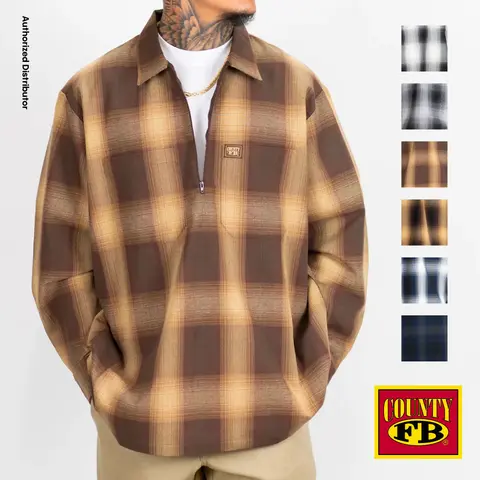 FB COUNTY Men's Checker 1/2 Zip Shirts FBCOUNTY Long Sleeve Shirts Checkered Patterns Collared Shirt 2 Pockets Hip Hop style Loose Fit Chicano