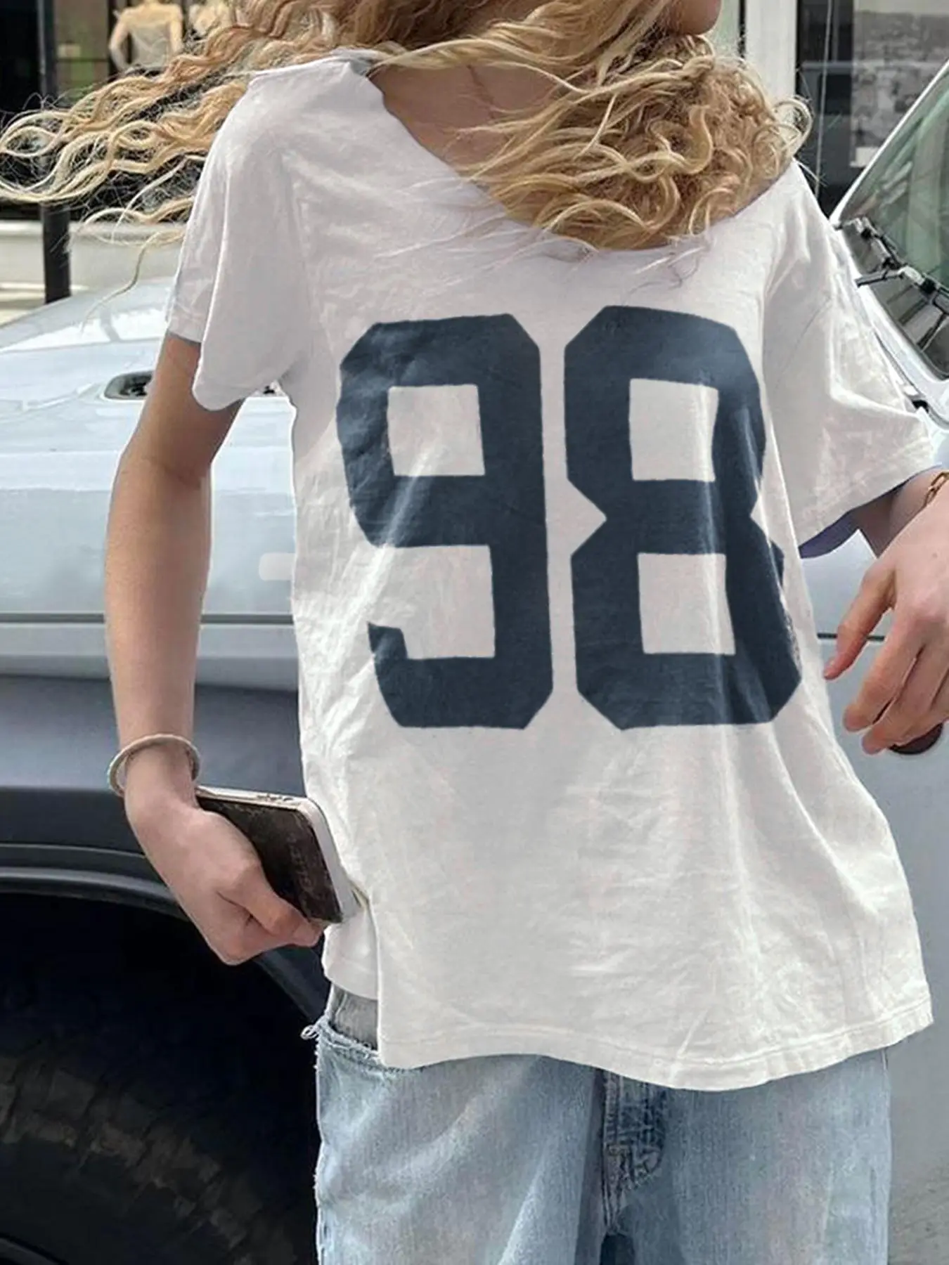 Women's Number "98" Print Drop Shoulder Tee, Casual Fit Brandy Melville Short Sleeve Round Neck T-shirt for Summer, Fashion Women's Top for Daily Wear