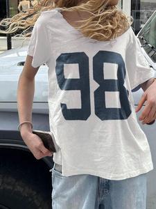 women's number "98" print drop shoulder tee, casual fit brandy melville short sleeve round neck t-shirt for summer, fashion women's top for daily wear 90s clothes, graphic tees women, clothing, womenswear