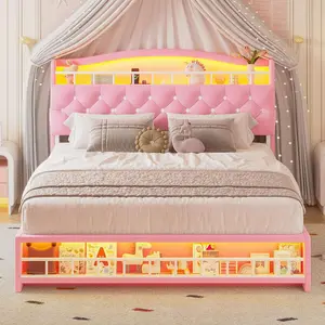 HAUOMS Twin Size Bed Frame with LED Lights, Princess Velvet Upholstered Platform Bed for Girls, Headboard with Charging Station & Guardrail & Crystal Button