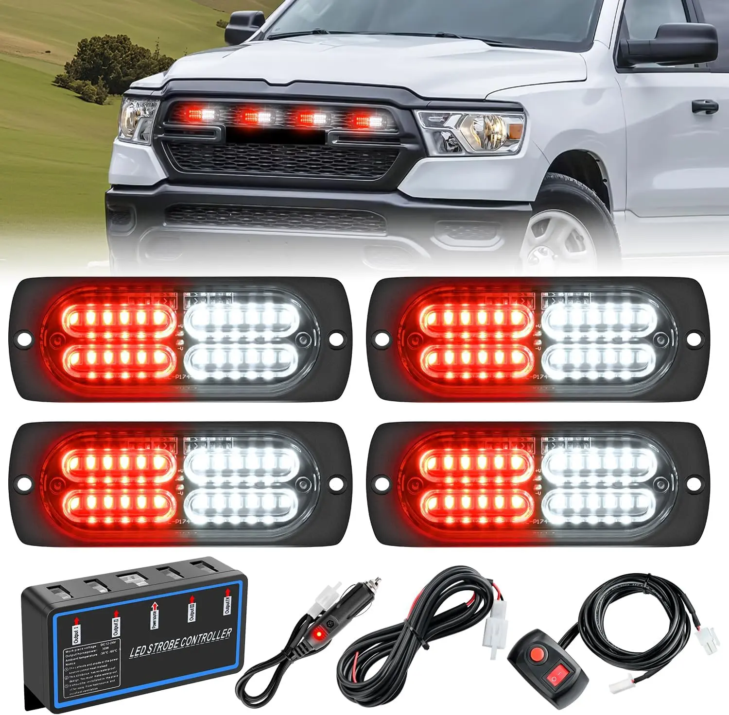 Nilight 4PCS 24LED Strobe Light Kit with Light Bar, 12V-24V Sync-Mode Fixtures w/Controller, Surface Mount Plug-In & Hard Wire Option, Car Accessories for Off Road Vehicles, Truck Upgrades