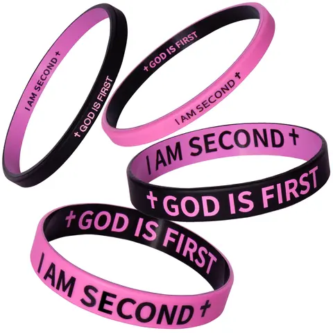 4 Pack GOD IS FIRST IM SECOND Pink & Black Bracelets, Christian Silicone Bands,Christian Inspirational Gift for Men, Women & Kids, Available in Two Sizes for Selection and Wearing