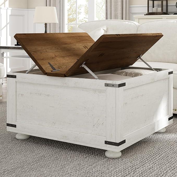 HOMBCK Farmhouse Coffee Table with Storage, Hinged Lift Top, Rustic Cocktail Table, for Living Room, with Vintage Gourd