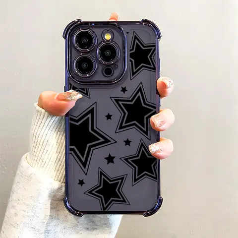 Black Star Pattern Electroplated Smartphone Casing - Durable Airbag Frame, Drop Prevention, Slim Soft TPU Cover for iPhone X,11,12,13,14,15,16,17,18 Pro Max Plus, Cellphone Accessories for Women