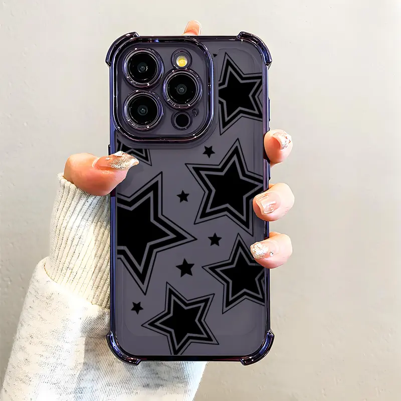 Black Star Pattern Smartphone Case - Electroplated Cellphone Casing with Airbag Shockproof Slim Soft TPU Protector for iPhone X,11,12,13,14,15,16,17 Pro Max Plus (for Girls) Mobile Phone Accessories