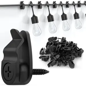 Outdoor String Lights Clips, Weatherproof Cable Hanger Hooks for Hanging Fairy Lights, Holiday Decor - Black, 50 Pack