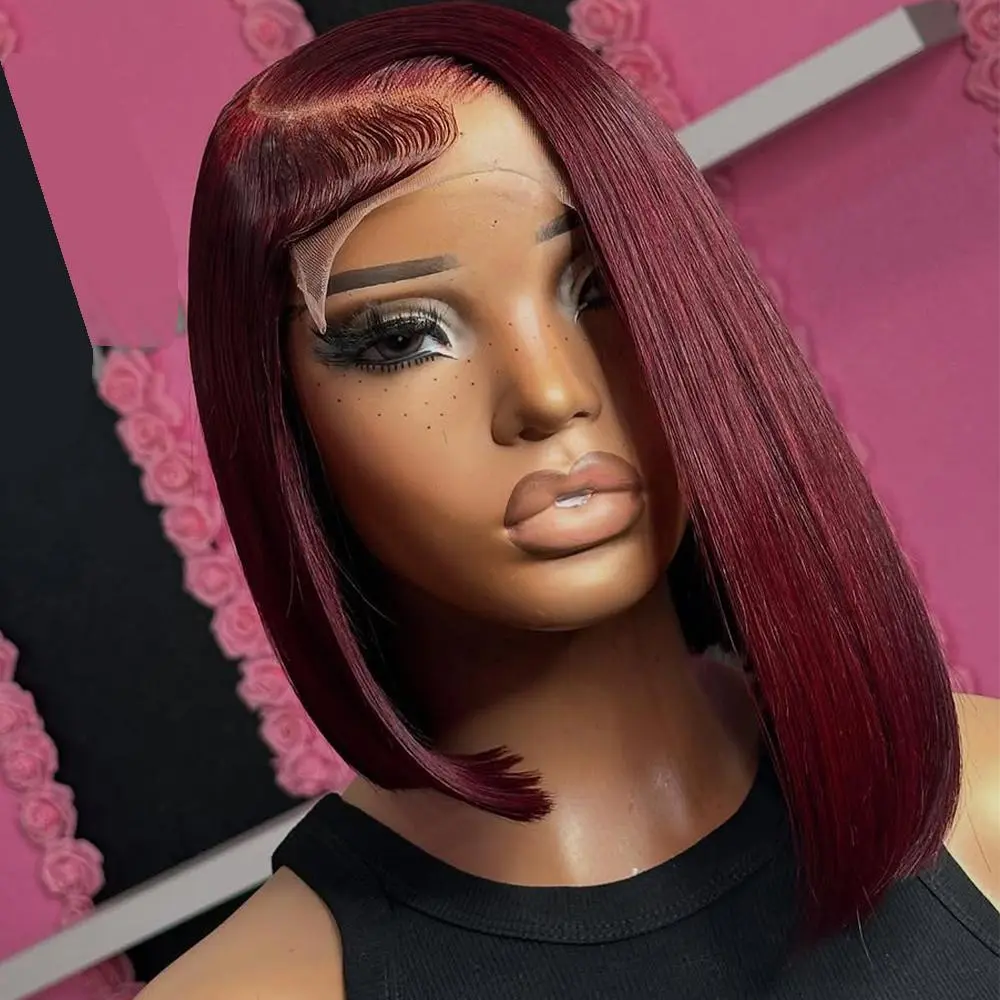99j Burgundy Bob Wig Human Hair 13x4 Hd Lace Front Wigs Human Hair For Black Women Glueless Lace Front Wigs Pre Plucked 180% Density Short Straight Bob Wig