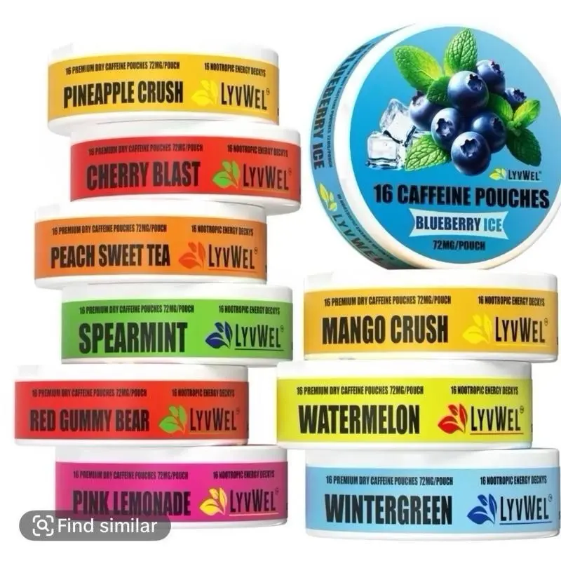 8 PackCaffeine pouches 72mg - Pink Lemonade, Strawberry, Pineapple Crush, Watermelon, Cherry Blast, Mango and Mint Beverage Drink energy Sugar-Free Sport Fruit Caffeine Energy Drink Mood Sports Drink Tropical Punch Peach