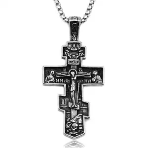 Stainless Steel Necklace Jesus Crucifix Cross Necklace For Men Celtic Orthodox Cross Necklace Viking Rune Chain Necklace Religious Christian Jewelry Gifts For Men
