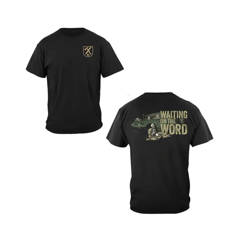 Military T-Shirt with Skeleton Soldiers and Humvee Scene, “Waiting on the Word” 2 Sides Graphic Tee, Soft Cotton Blend Shirt, Tactical Apparel for Men and Women, Gift for Veterans and Soldiers
