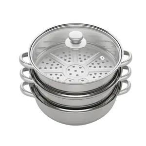 3-Tier Stainless Steel Steamer Pot with Glass Lid 12.8 Inch Large Capacity Induction Compatible Fast Heating Dishwasher Safe for Home Kitchen Gas Stove Electric Ceramic Cooktop