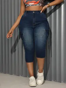 Women's Plus Size Washed 7/8 Tight Jeans, 3D Workwear Side Pocket Design, Comfortable, Casual and Stylish Denim Jeans for Everyday Wear