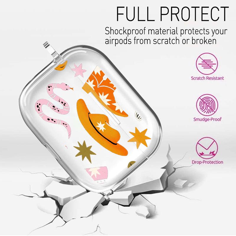 Cowboy Star Boots Pattern Protective Case for AirPods 4/3/2/1/Pro/Pro2 Soft TPU Earphone Cover, Transparent with Keychain