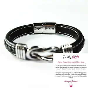 Leather Bracelet with "To My Son" Engraved Name Stainless Steel Gift for Men Grandson Husband Special Occasions