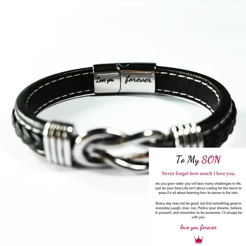 Men's Leather Bracelet with Durable Stainless Steel - Personalized Engraved Names, "To My Son" English Text Message - Stylish Male Costume Jewelry Accessory for Husbands, Special Occasions, Durability, Stylish Accessories, Custom Name